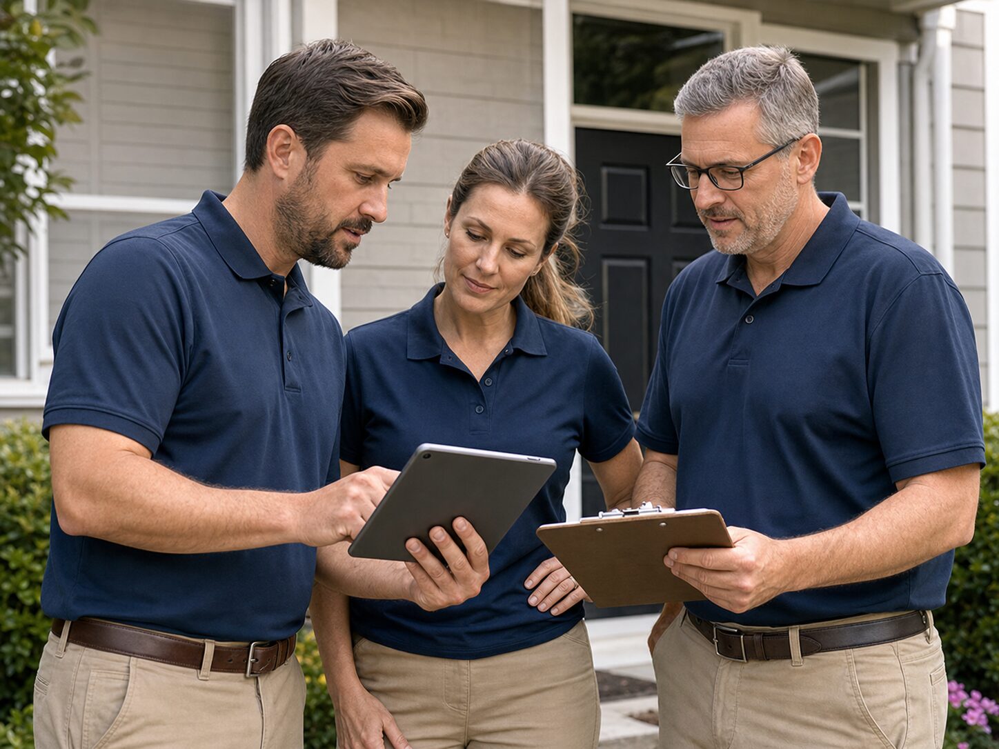 Inspection professionals reviewing field documentation outside a finished residential property.