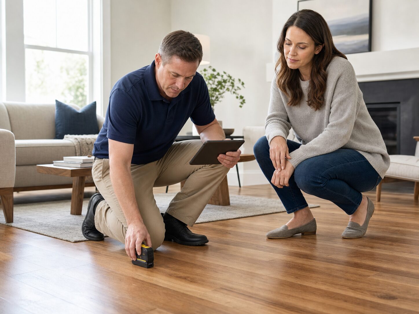 Inspector documenting an installed flooring concern while a homeowner observes.