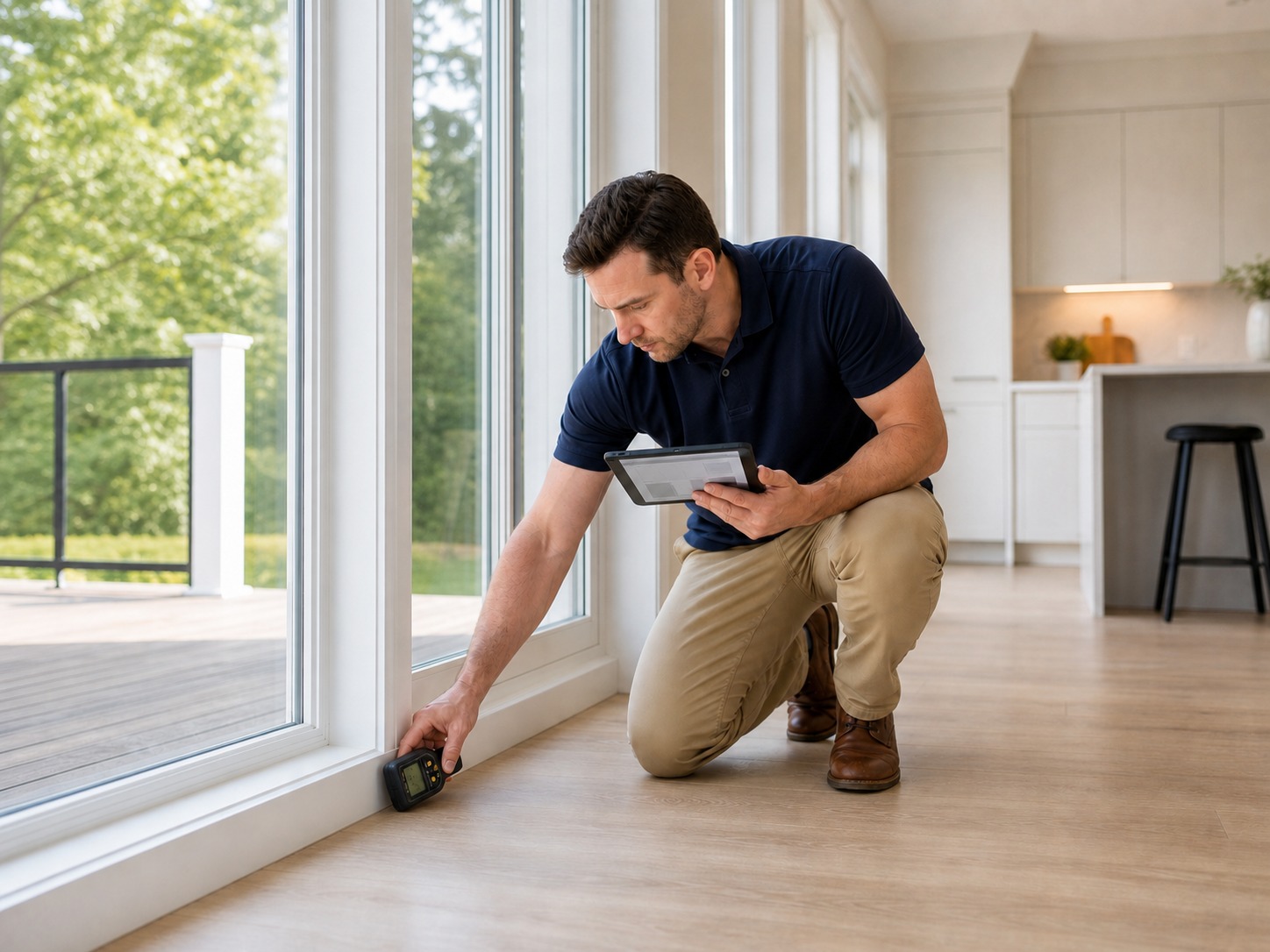 Inspector measuring a window-frame junction and recording findings on a tablet