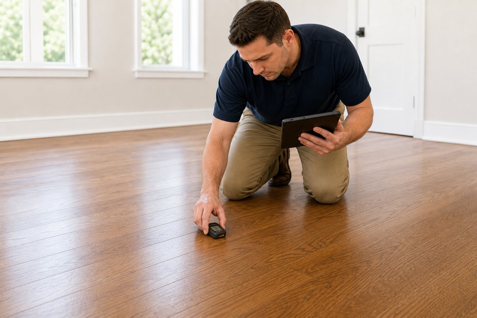 Inspector measuring installed hardwood and recording findings on a tablet.