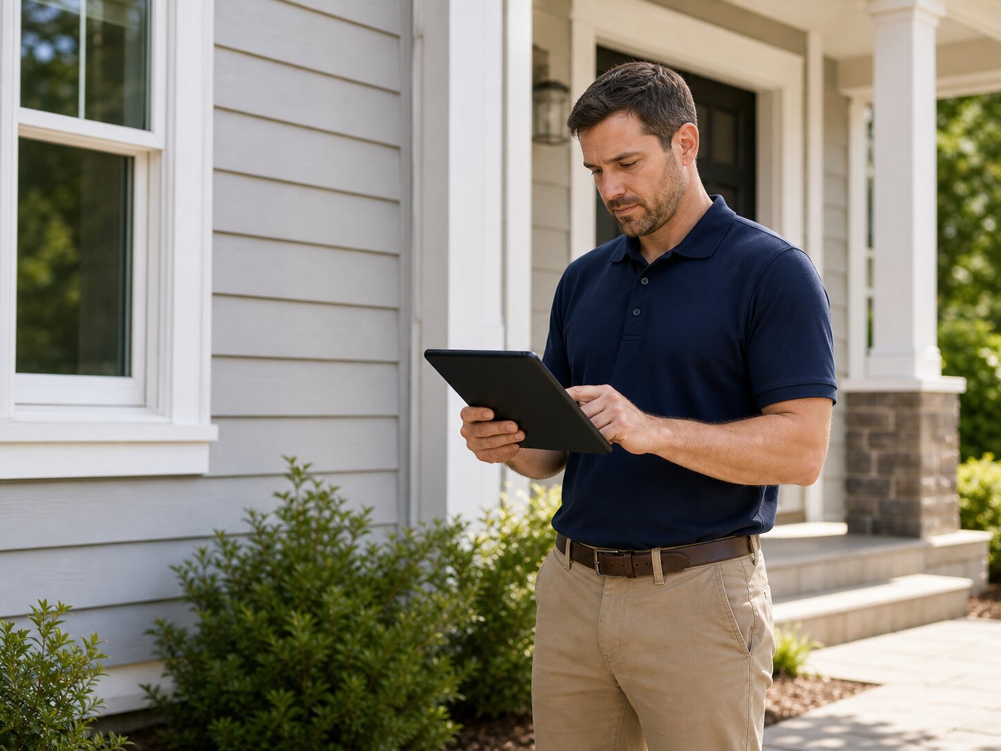 Inspector reviewing field information on a tablet outside a finished home.