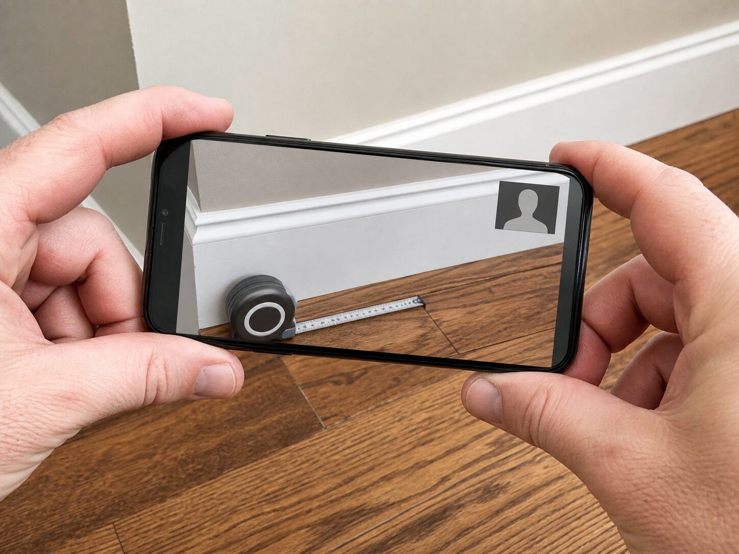 Smartphone documenting an installed flooring detail during a guided virtual inspection.