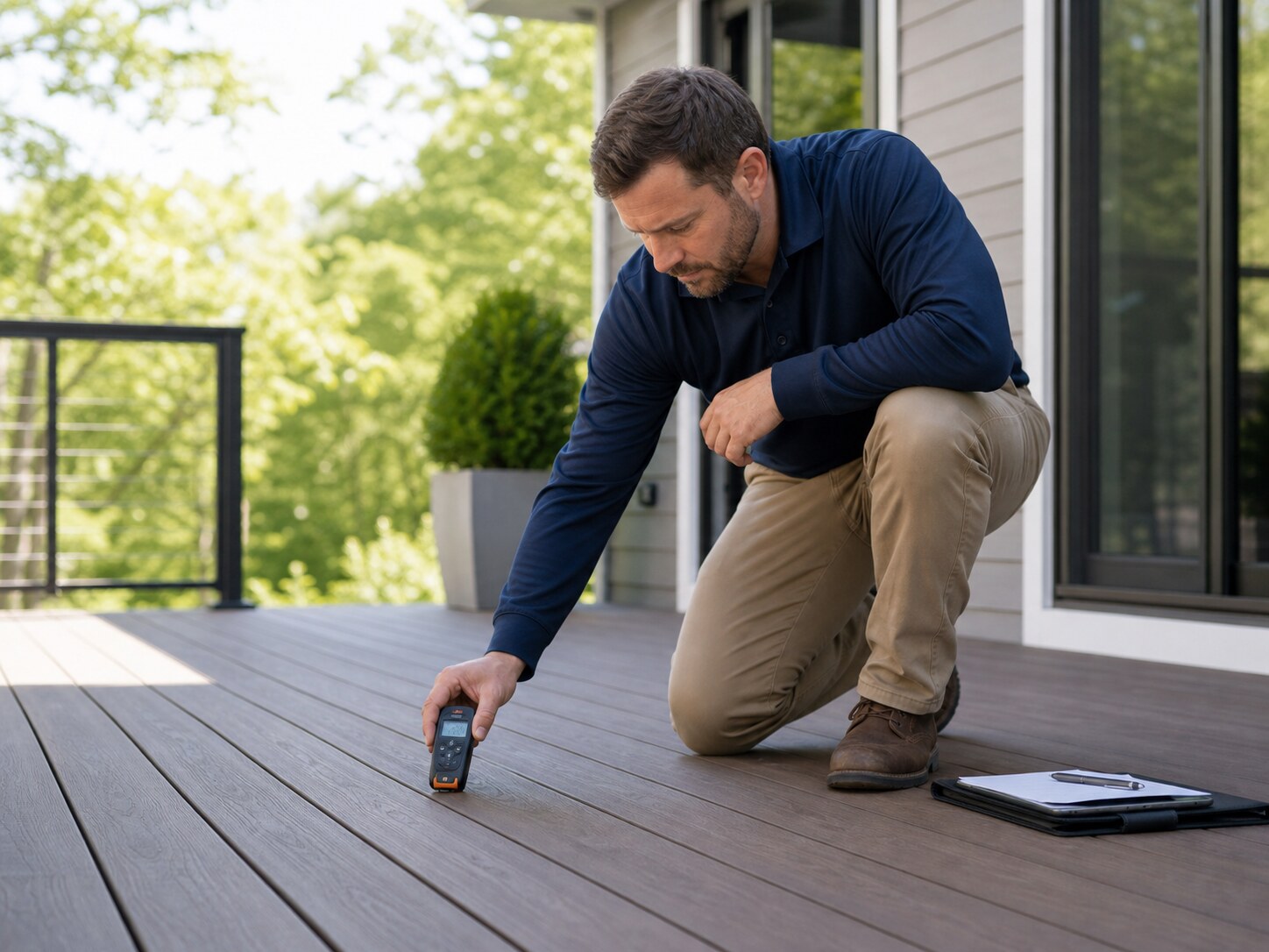 Inspector checking an installed deck with a moisture meter.